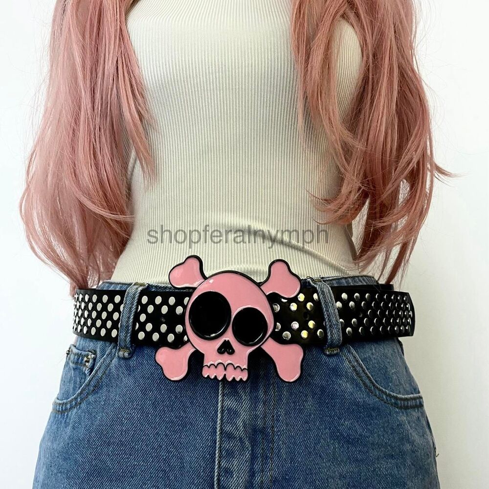 Black Pink Y2K Studded Skull Crossbones Belt, Fits 31 to 37 Inches, X7GA1458